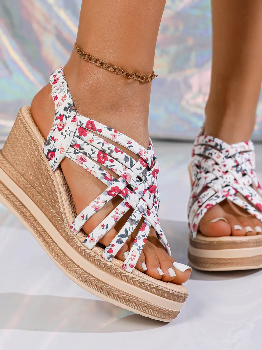 Open Toe Floral Print Strappy Platform Wedge Sandals, image 7