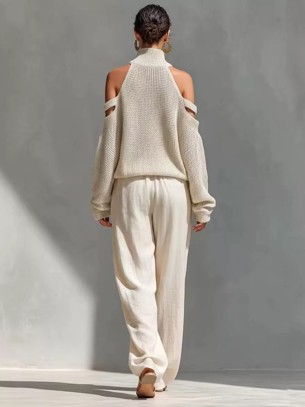 Cold Shoulder Turtleneck Top and Wide-Leg Pants Set, image 2