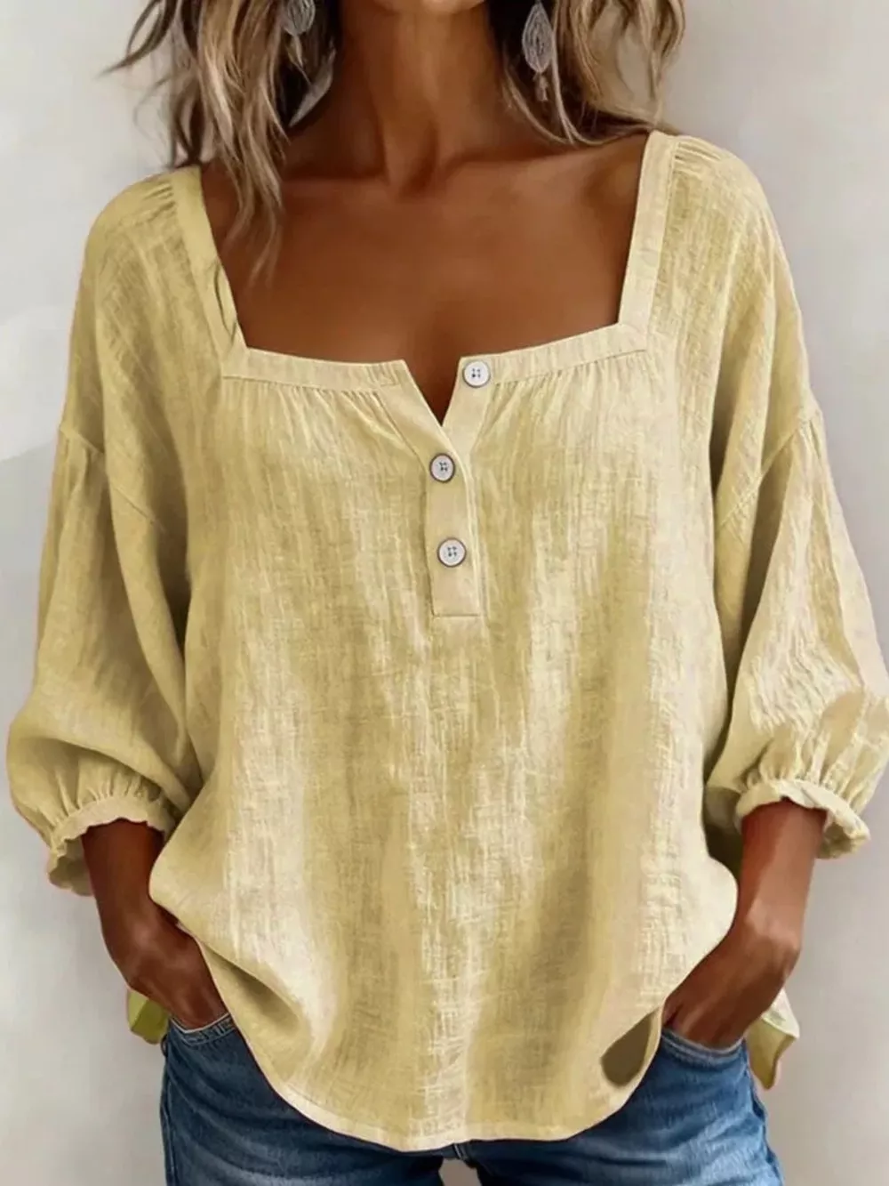 Full Size Square Neck Button Detail Blouse Plus Size, image 13