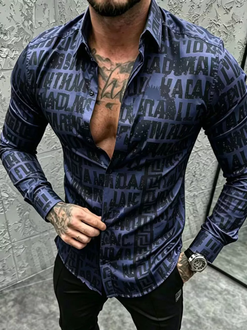 Men's Plus Size Letter Print Slim Fit Long Sleeve Shirt, image 4