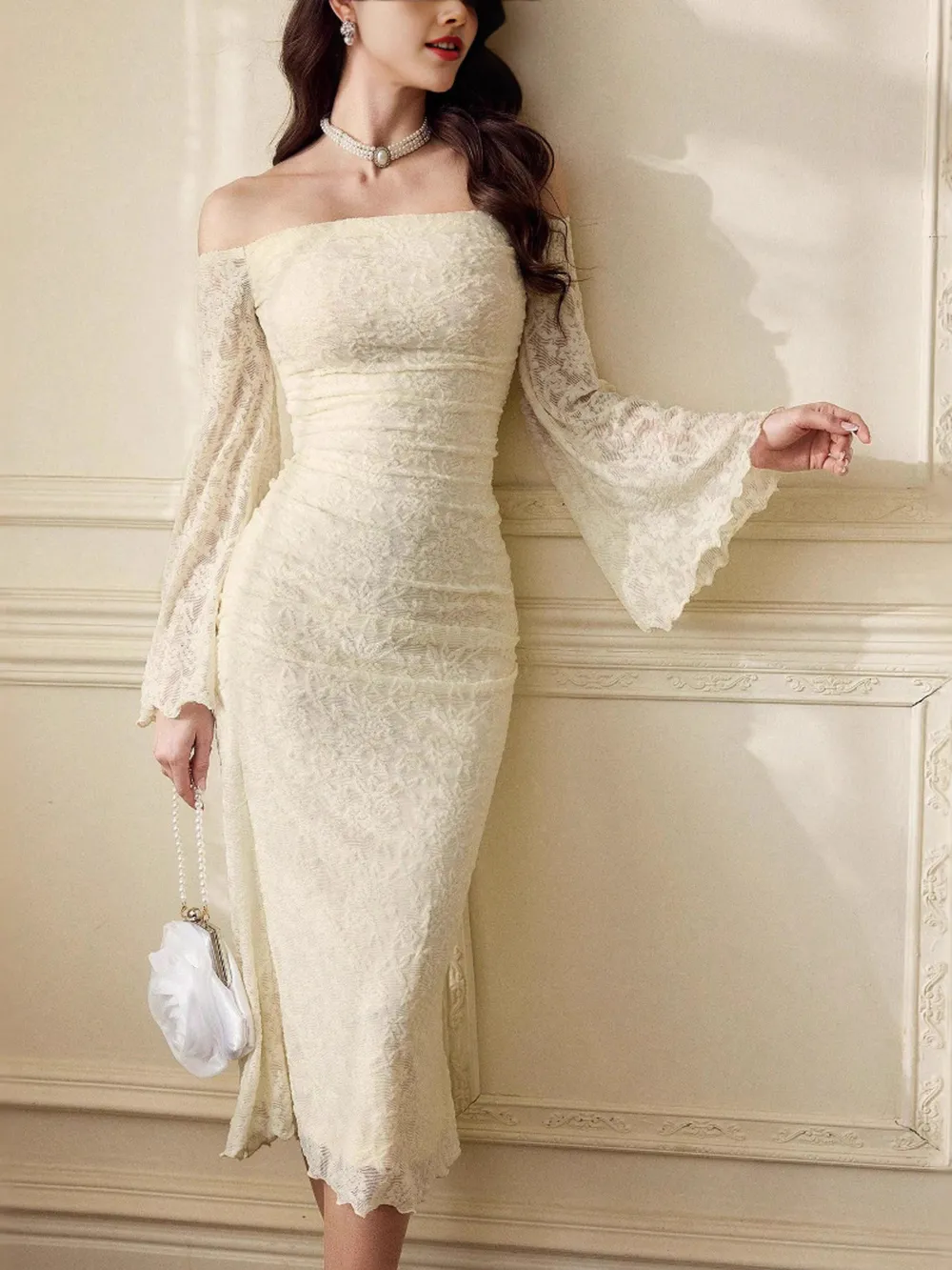 Off-Shoulder Flare Sleeve Dress, image 3