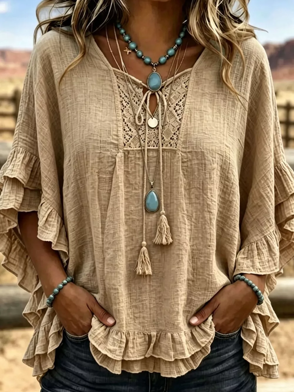 Full Size Tassel Tie Neck Ruffled Hem Blouse Plus Size