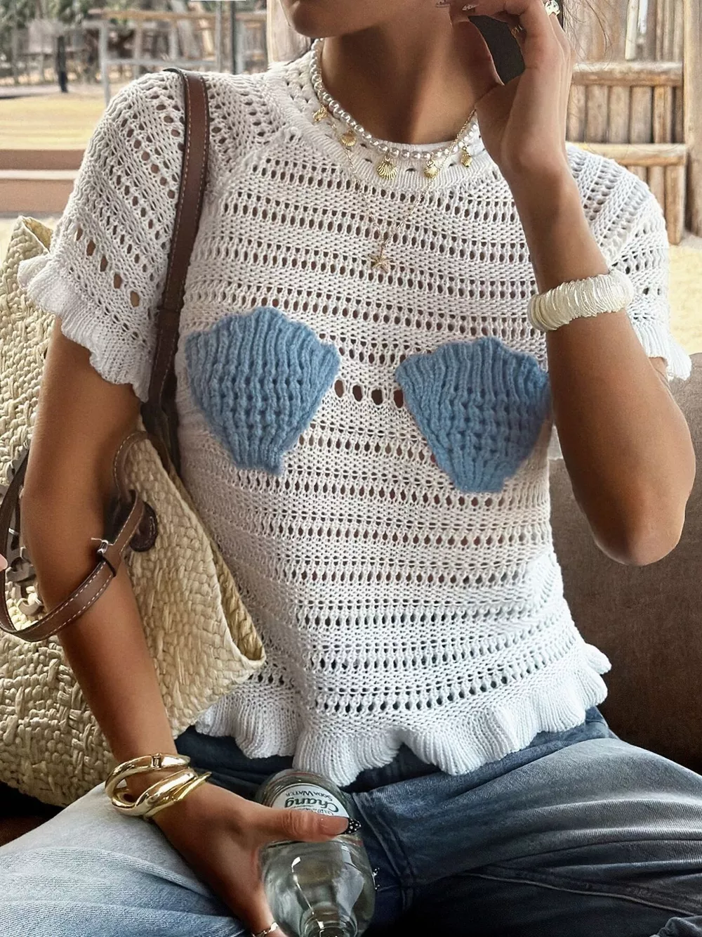 Openwork Ruffled Hem Knit Top, image 5