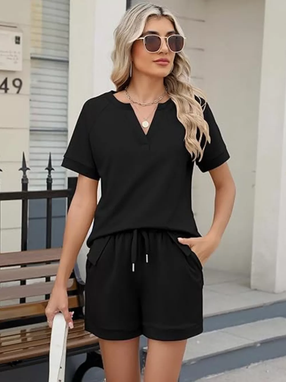 Solid Color Short Sleeve Top and Shorts Two-Piece Set, image 12