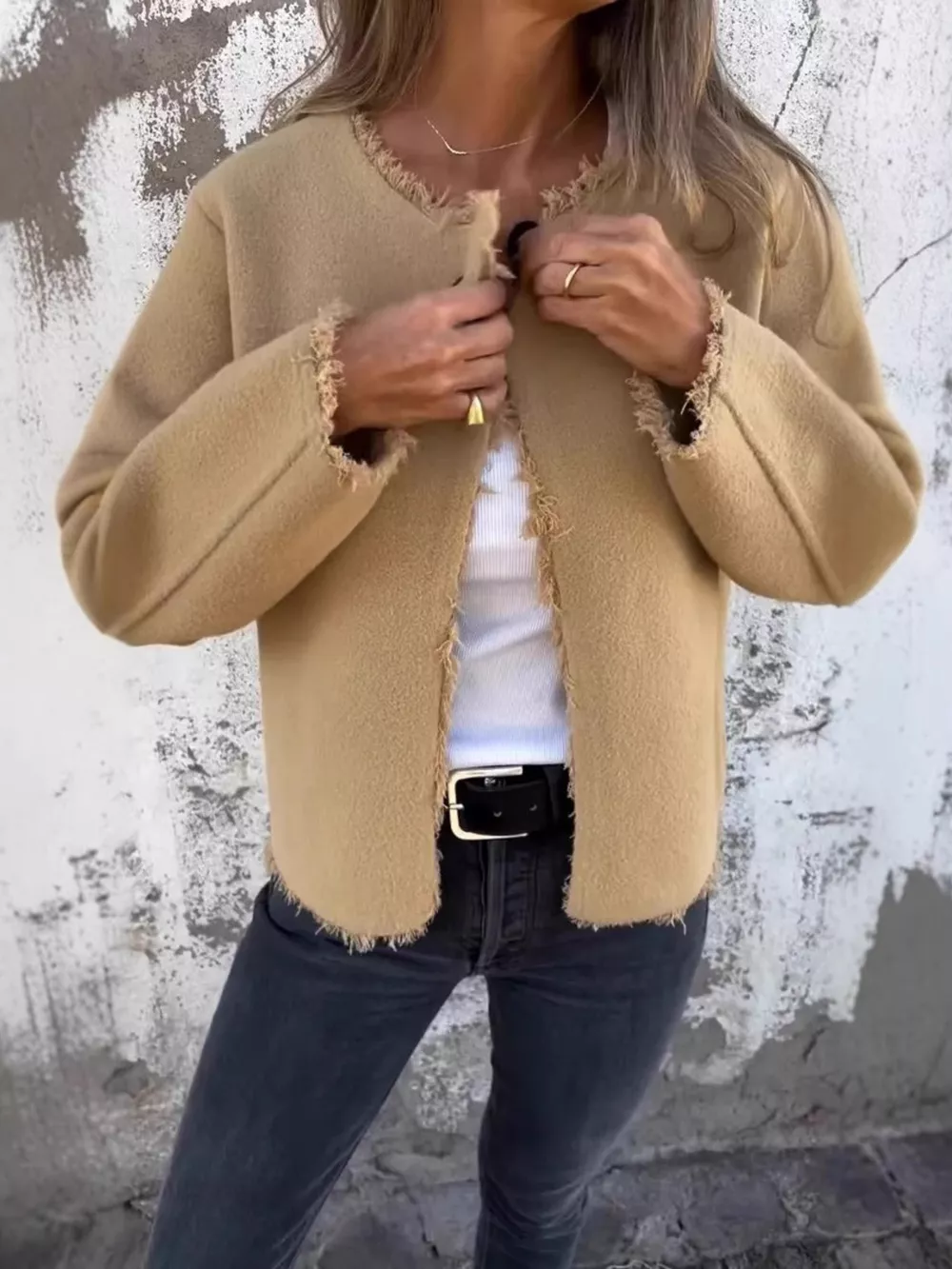 Full Size One Button Frayed Edge Cardigan Plus Size, image 4
