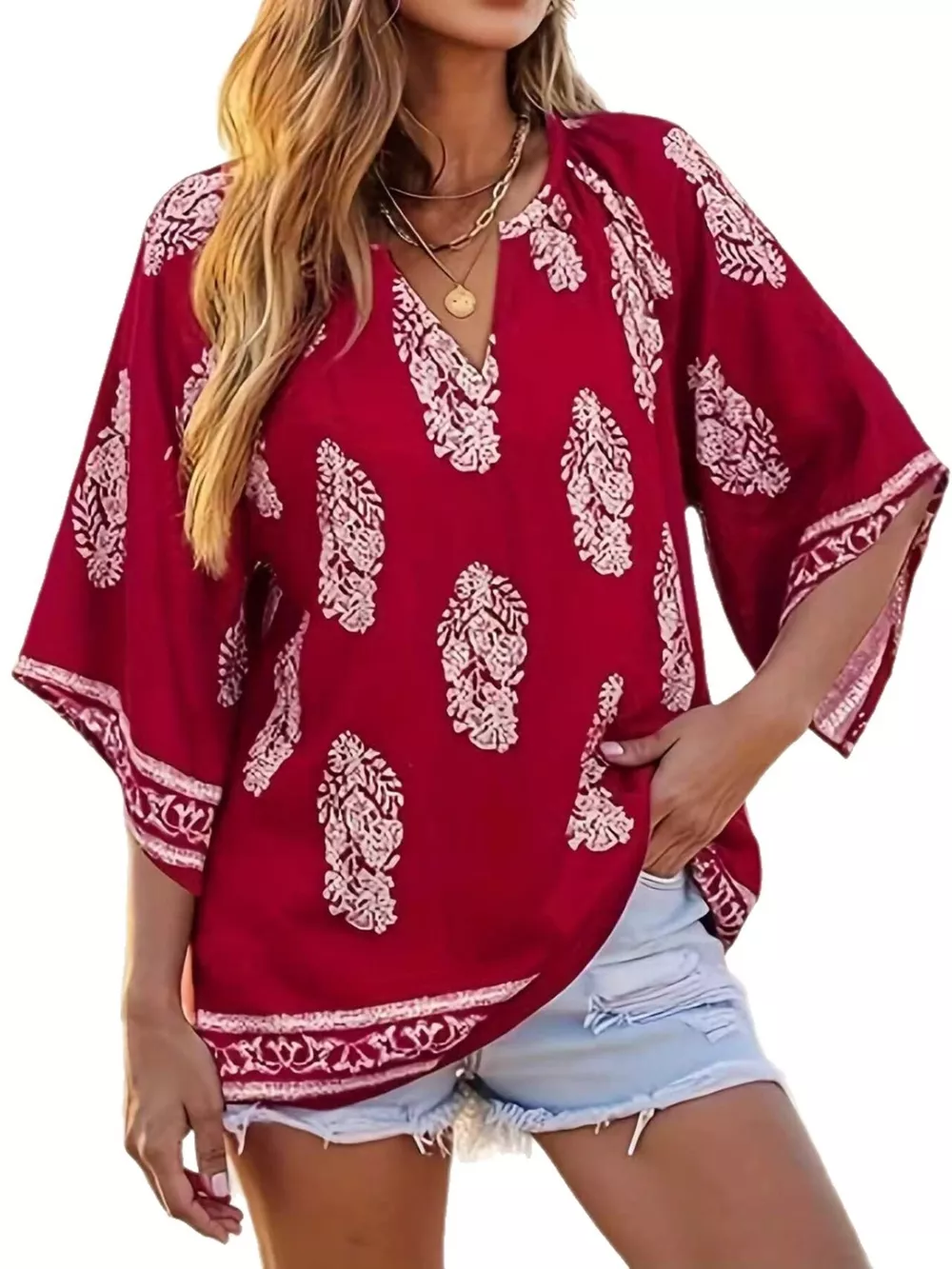 Printed Notched 3/4 Sleeve Blouse, image 5