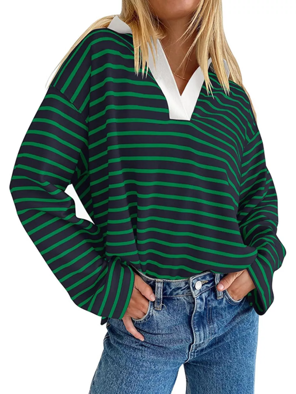Oversized Striped Johnny Collar T-Shirt, image 8