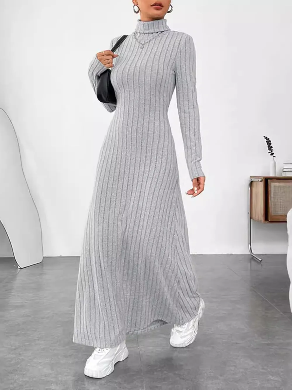 Ribbed Turtleneck Long Sleeve Maxi Knit Dress