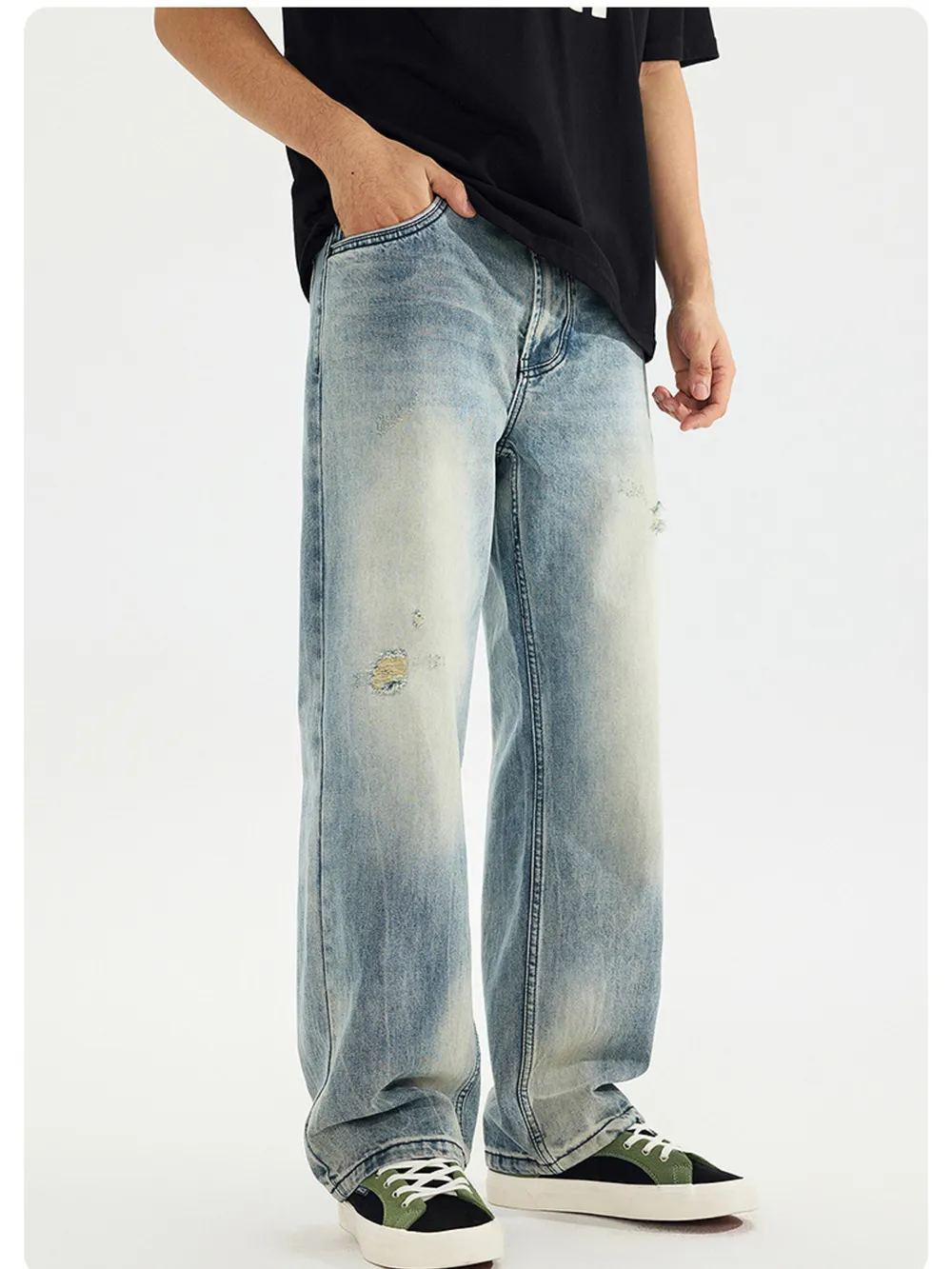 Men's Distressed Vintage Wash Loose Fit Jeans, image 2