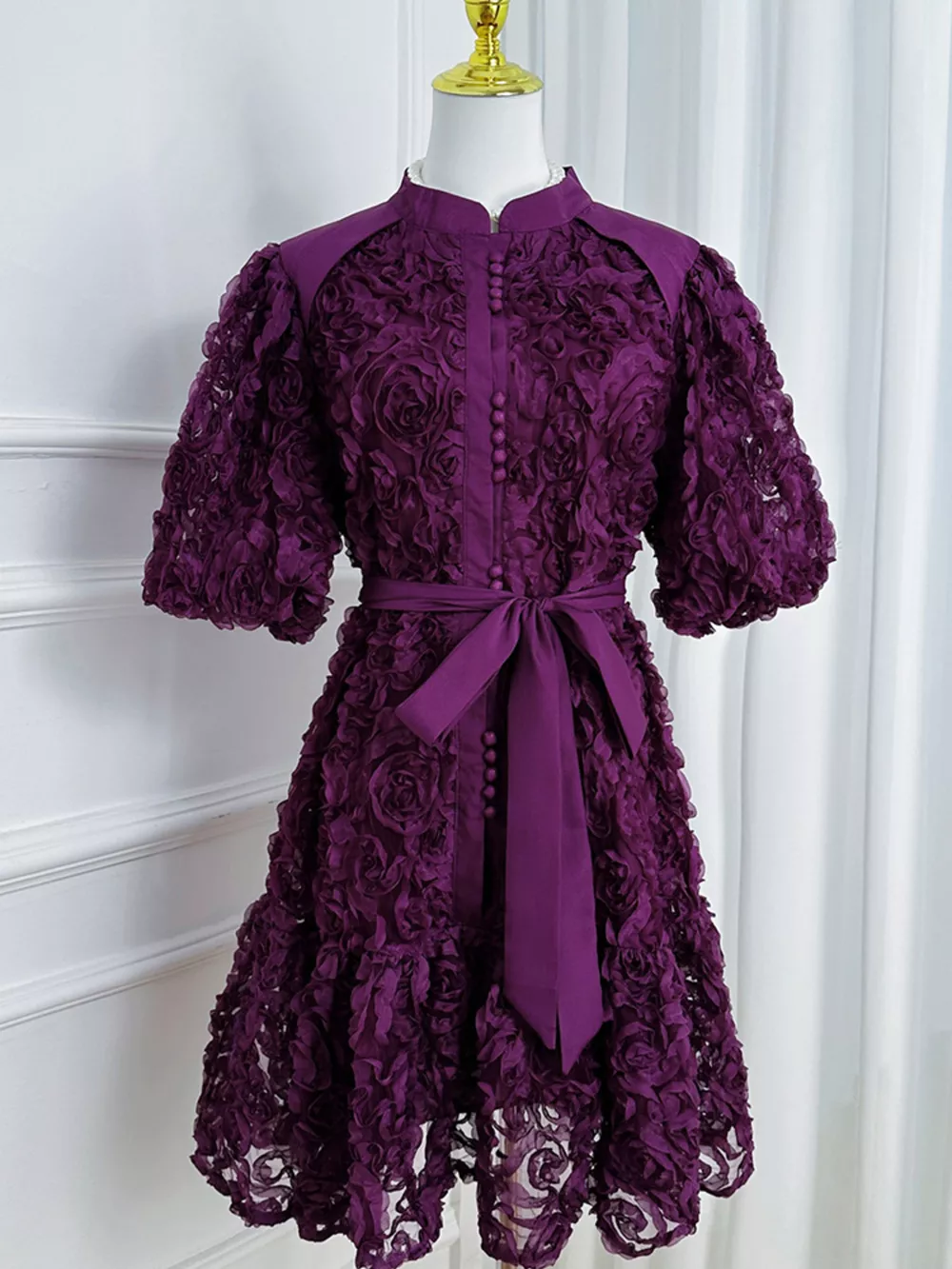 Flower Embellished Puff Sleeve Dress