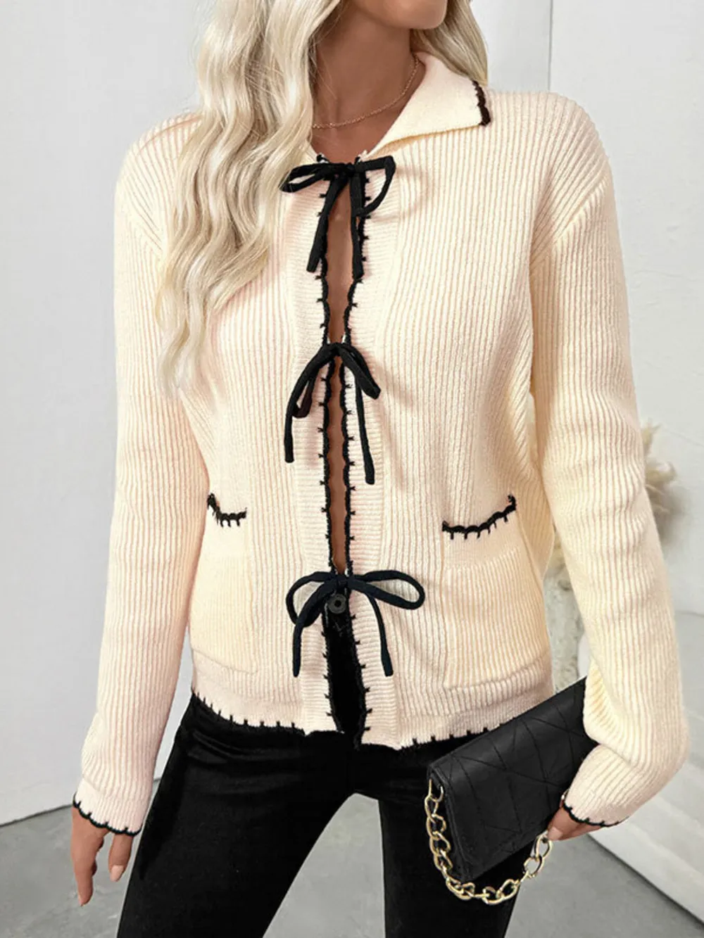 Tie Front Long Sleeve Cardigan, image 3