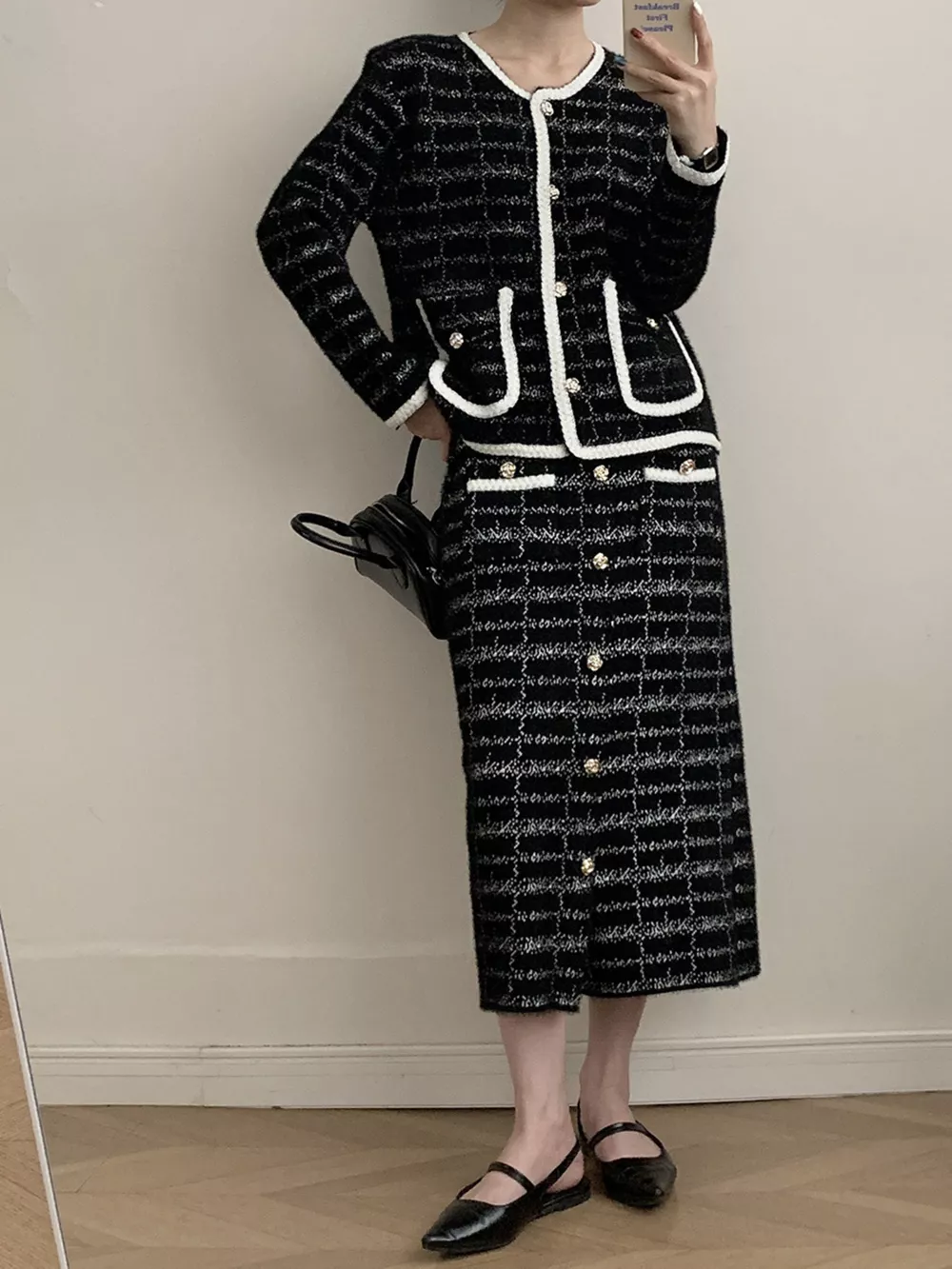 Tweed Contrast Trim Jacket and Skirt Set, image 5