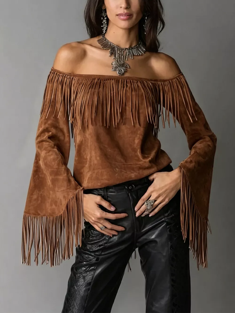 Full Size Fringed Off-Shoulder T-Shirt Plus Size, image 2