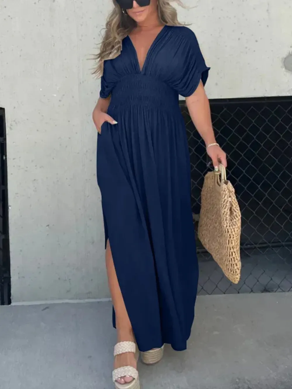 Full Size Deep V-Neck Maxi Dress with Side Slit Plus Size, image 15