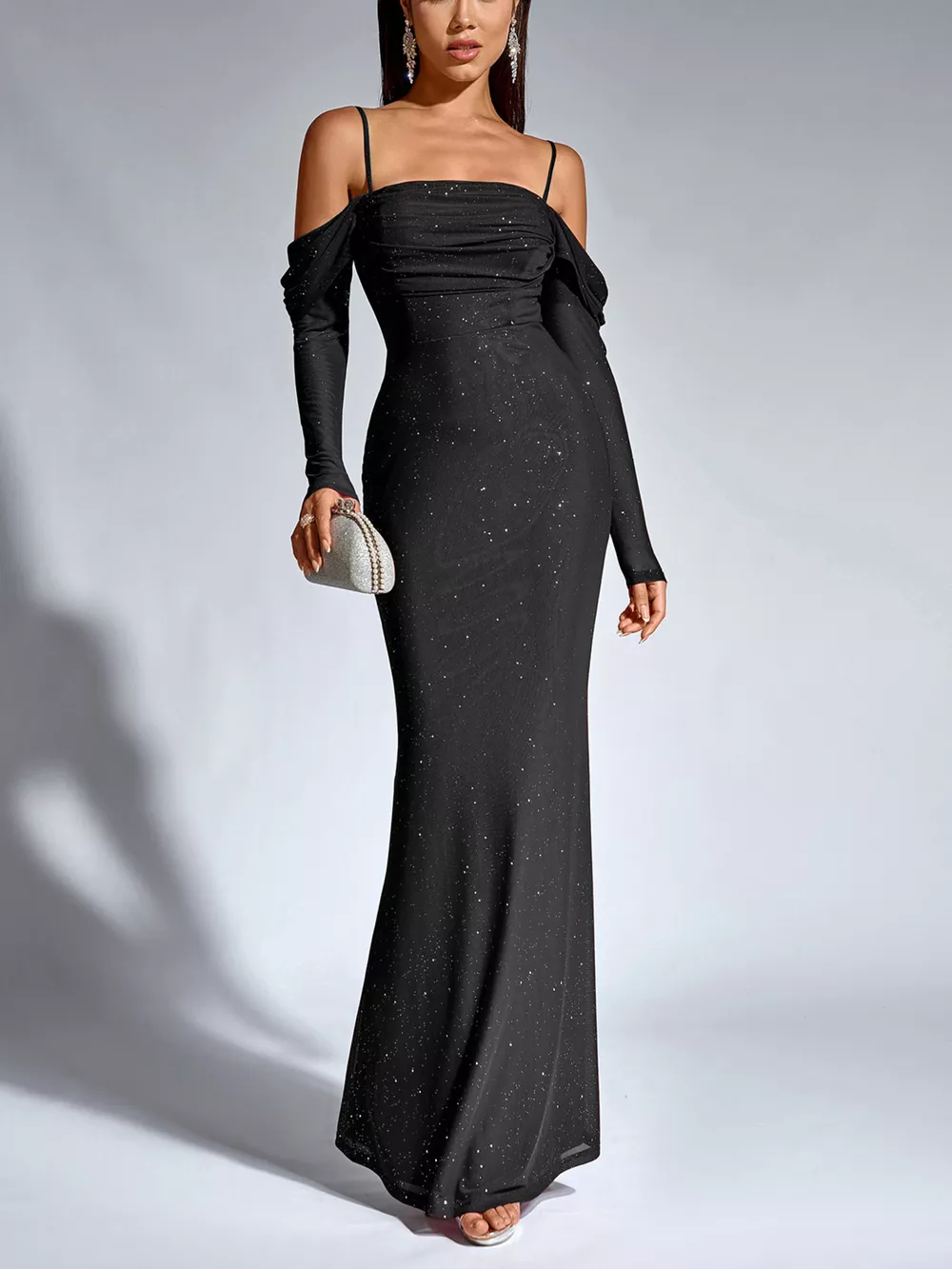 Glitter Ruched Long Sleeve Mermaid Maxi Dress, image 15