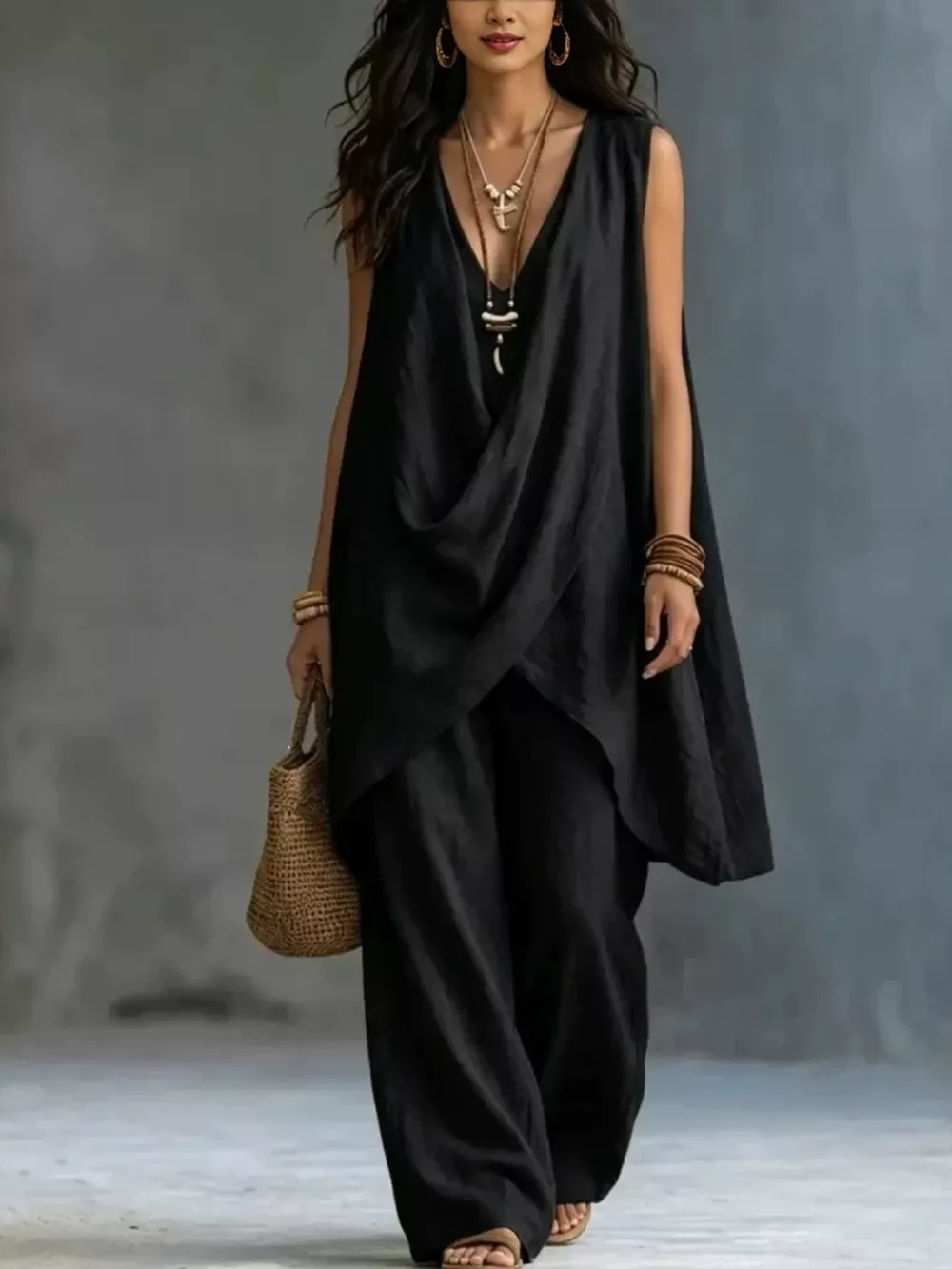 Sleeveless Asymmetrical Top and Wide-Leg Pants Set, image 5