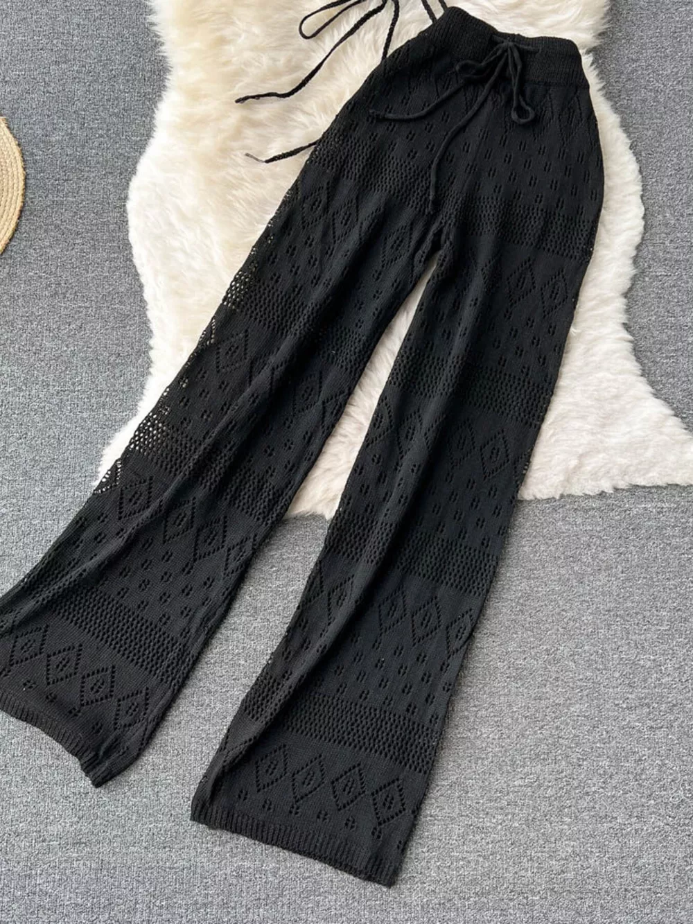 Crochet Knit Halter Neck Top and Wide Leg Pants Set, image 3