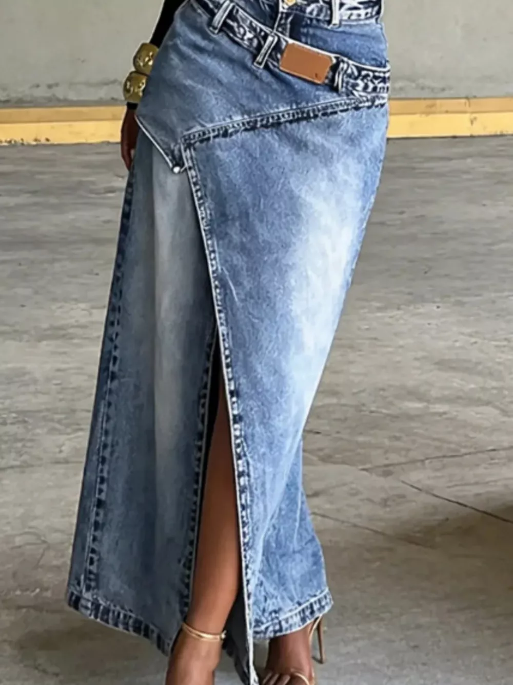 High-Waisted Asymmetric Slit Denim Maxi Skirt, image 5