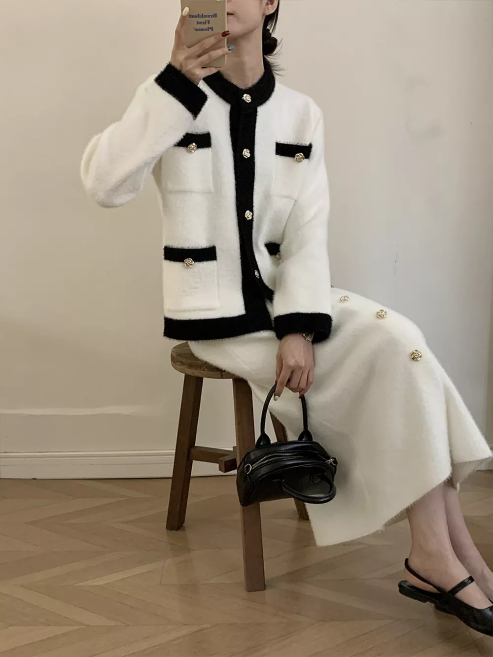 Contrast Trim Jacket and Skirts Sweater Set, image 6