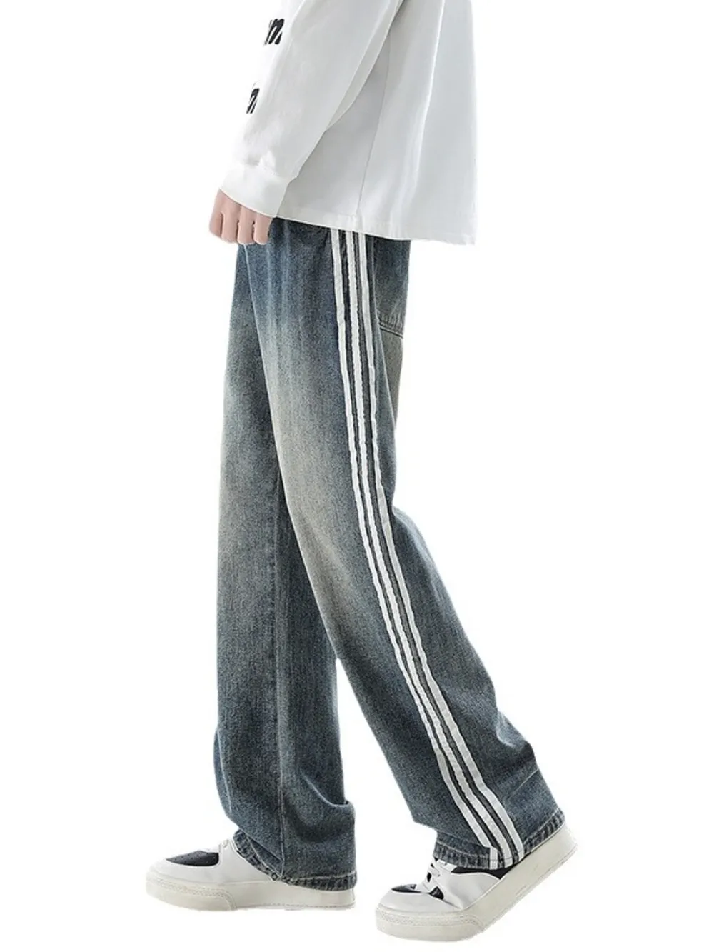 Men's Plus Size Retro Wide Leg Side Stripe Jeans, image 2