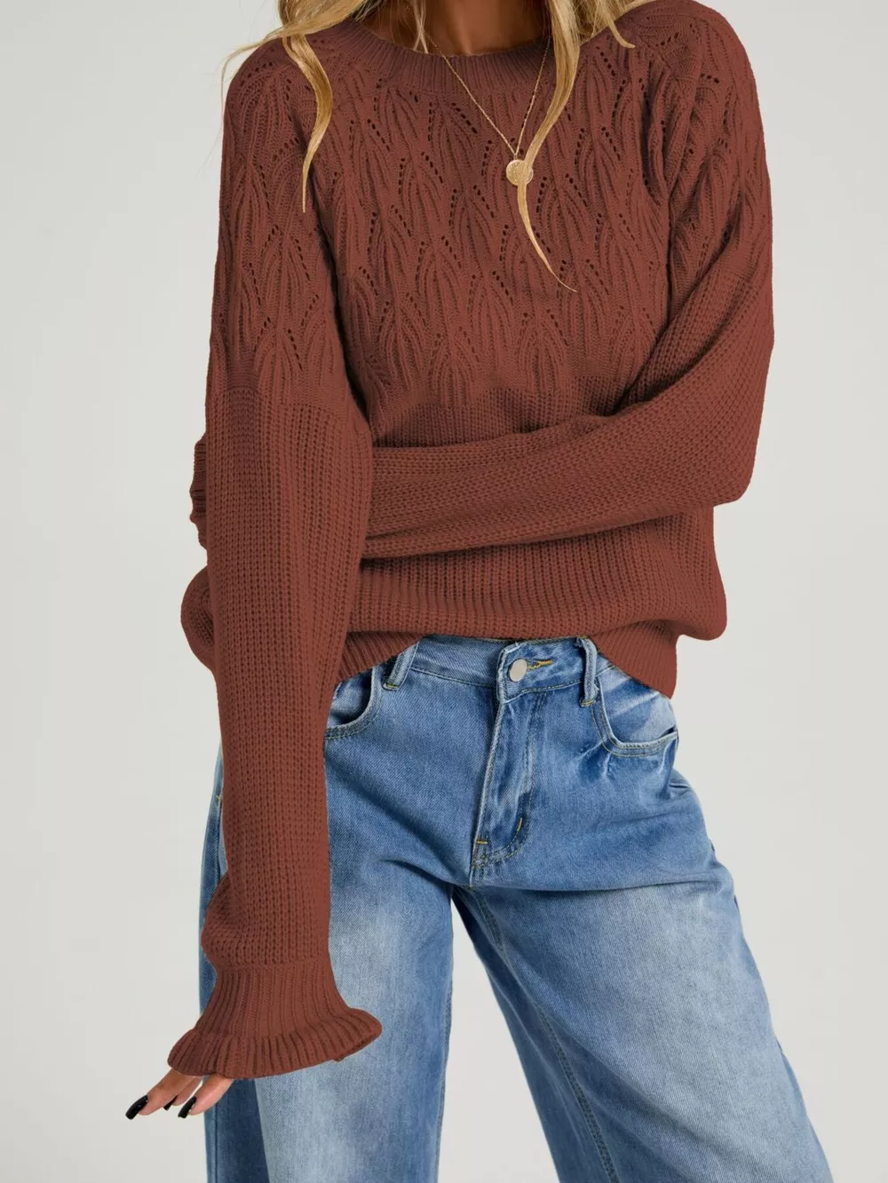 Pointelle Knit Round Neck Sweater, image 5
