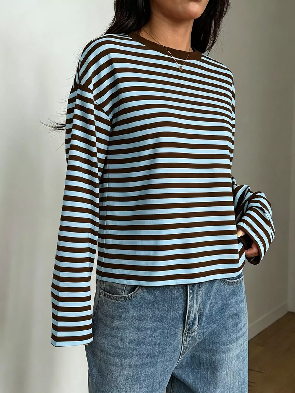 Full Size Casual Long-Sleeve Striped Crew Neck T-Shirt Plus Size, image 19