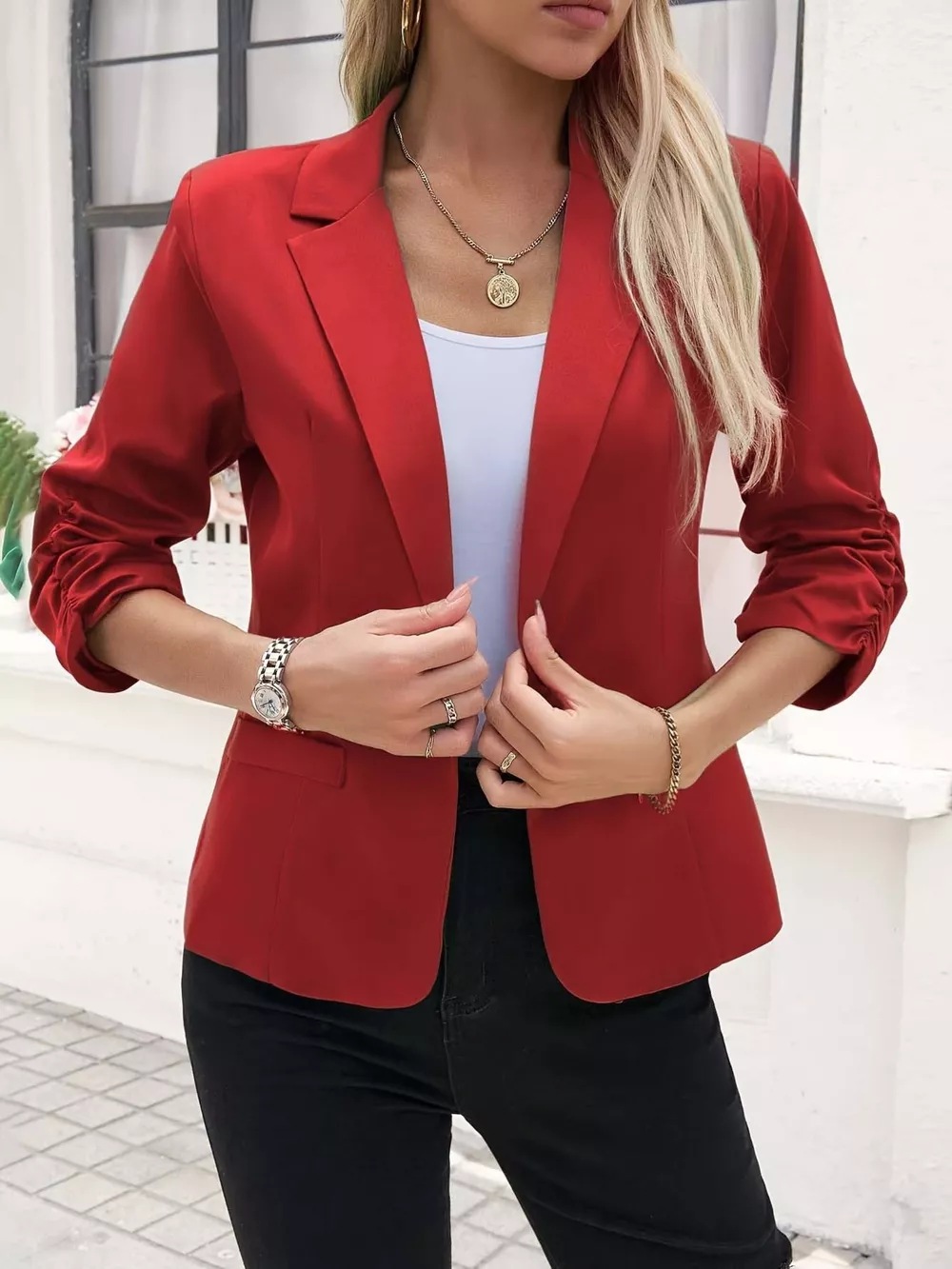 Full Size One Button Lapel Collar Blazer Plus Size, image 14