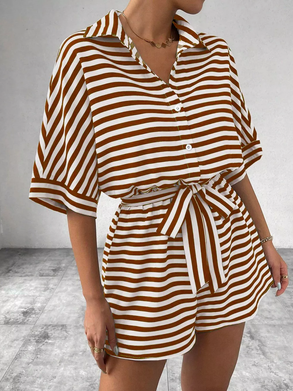 Striped Button Front Half Sleeve Romper, image 13
