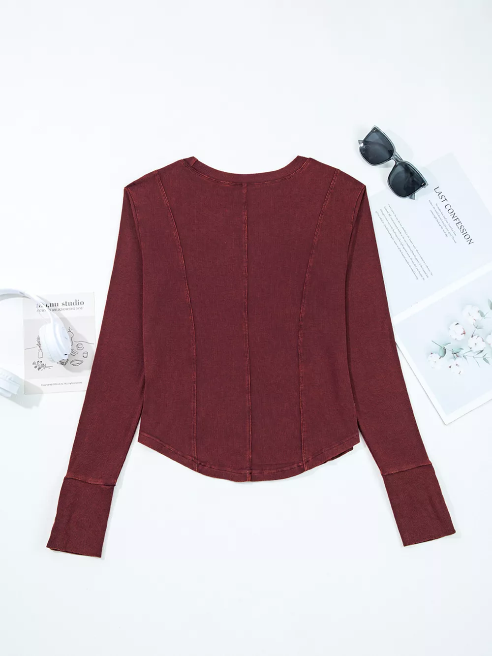 Exposed Seam Ribbed Long Sleeve Top, image 6