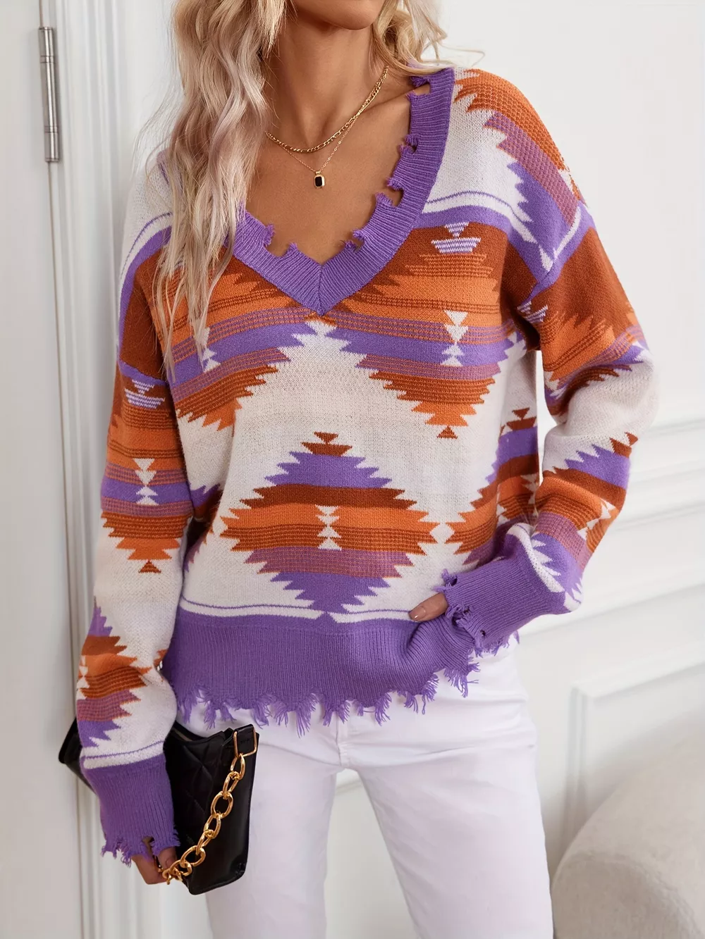 Geometric Frayed Hem V-Neck Long Sleeve Sweater, image 18