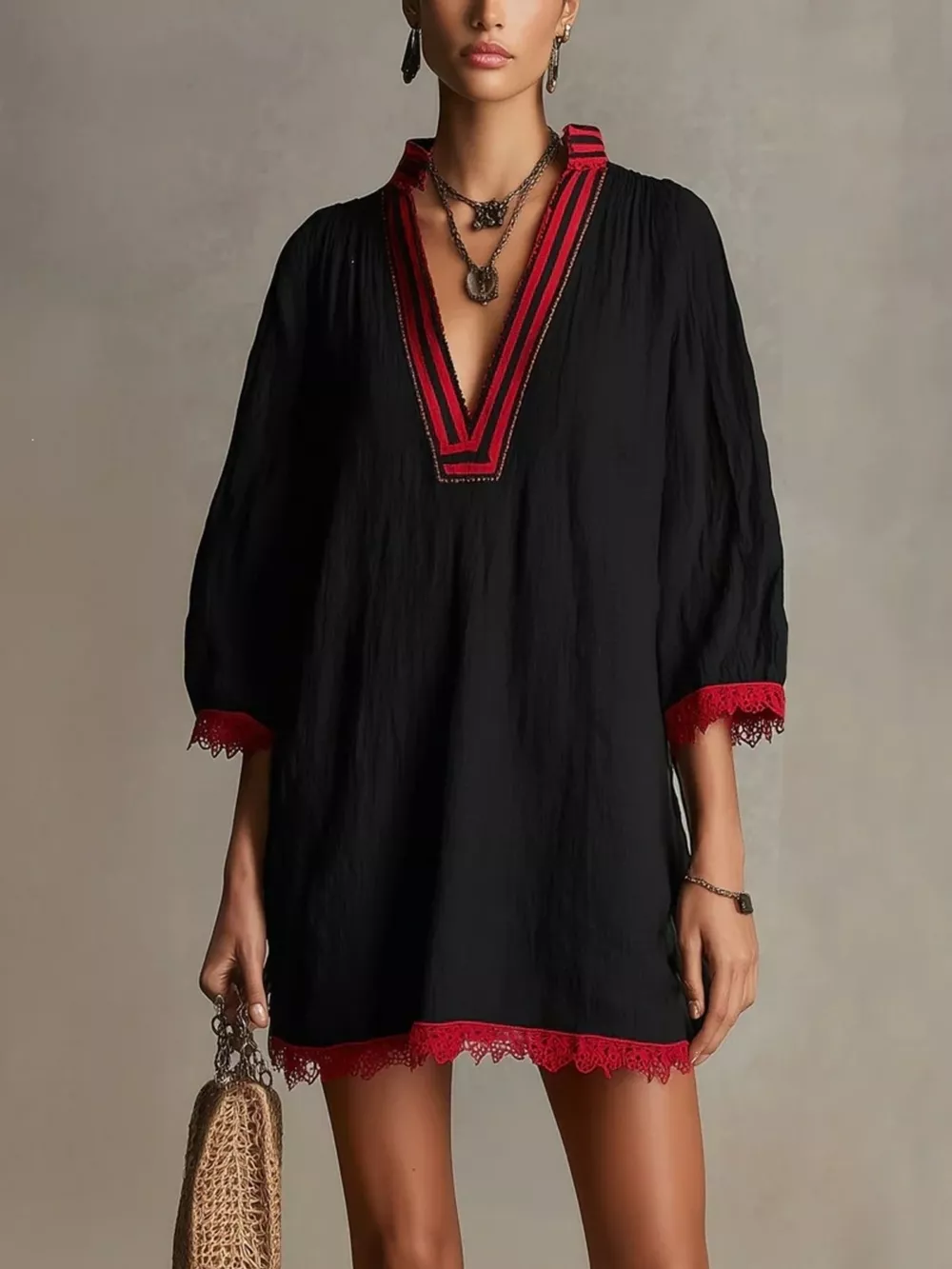 Lace Trim Notched Mini Dress, image 5