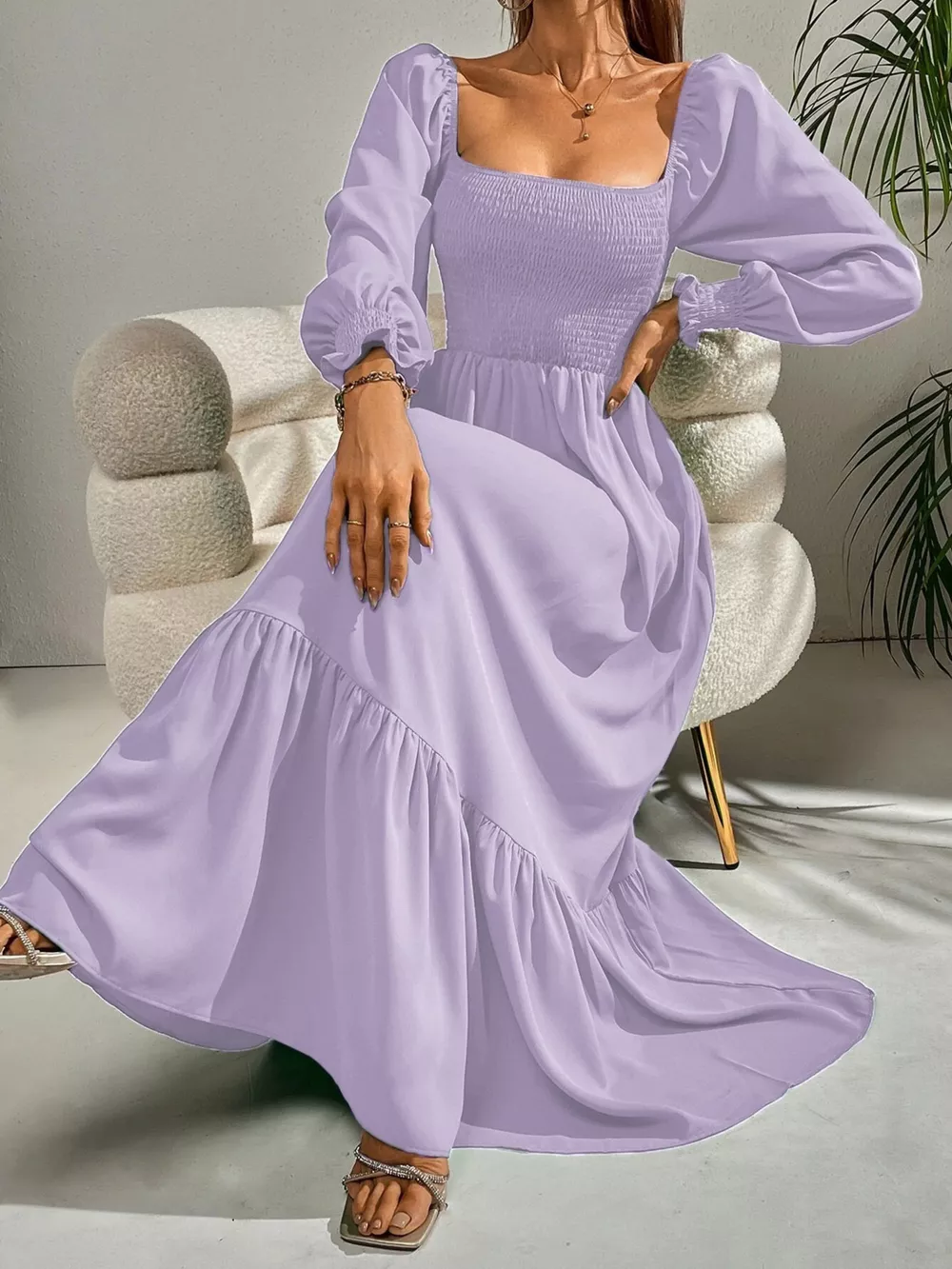Smocked Long Sleeve Midi Dress, image 7