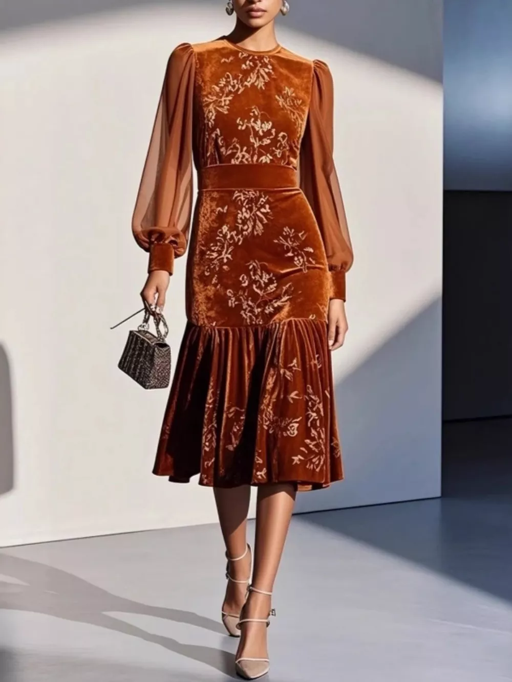 Velvet Floral Lantern Sleeve Midi Dress, image 4