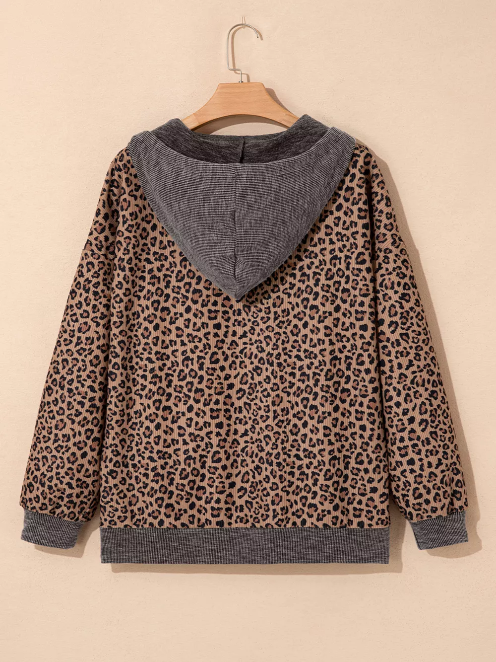 Ribbed Leopard Print Contrast Collar Zip Hoodie, image 7