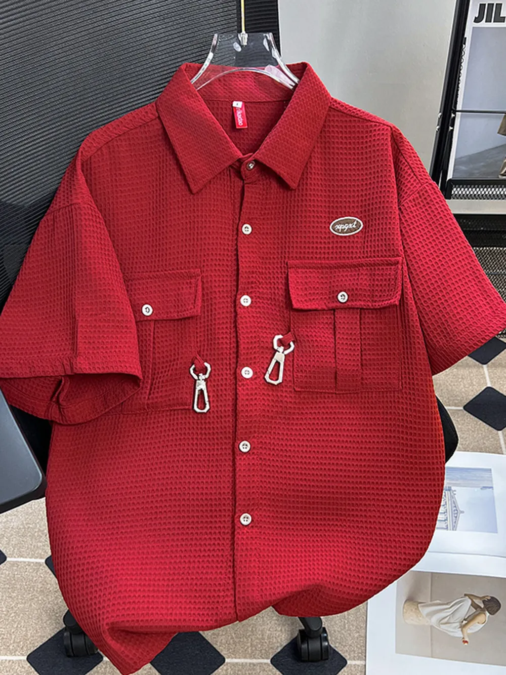 Men's Plus Size Waffle Texture Button Up Shirt, image 5