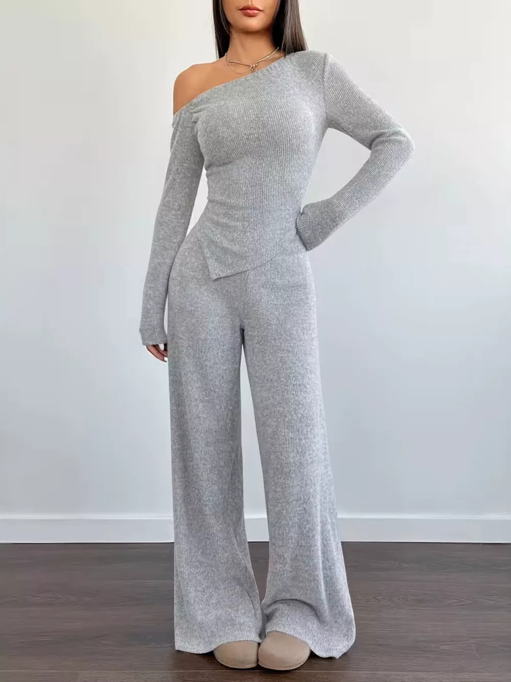 Chic One-Shoulder Asymmetrical Top and Wide-Leg Pants Set, image 7