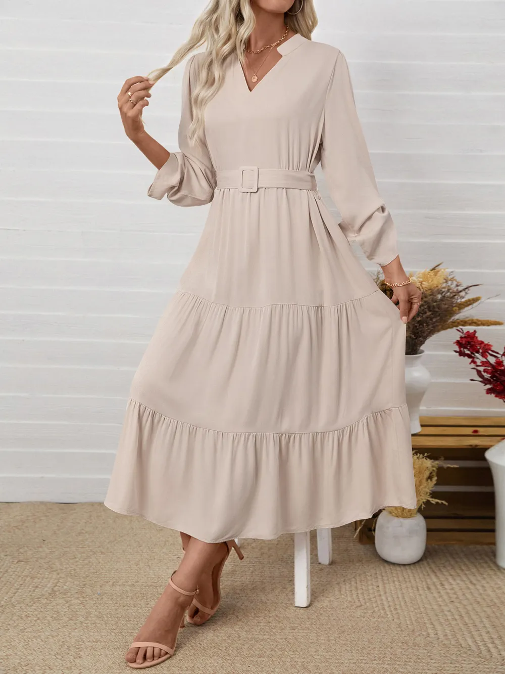 Tiered Notched Belted Midi Dress, image 5