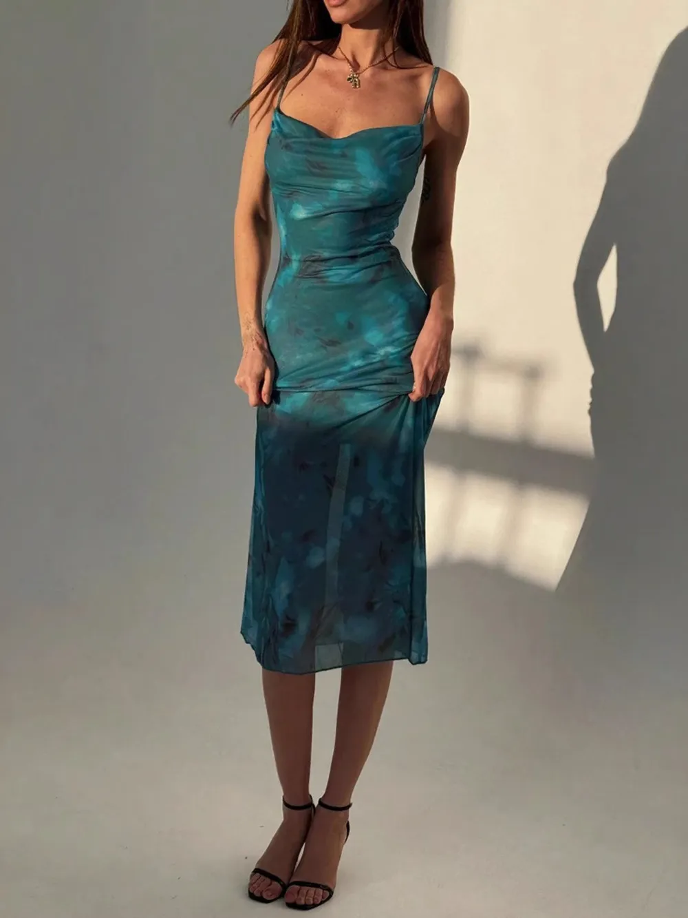 Ruched Spaghetti Strap Midi Dress, image 3