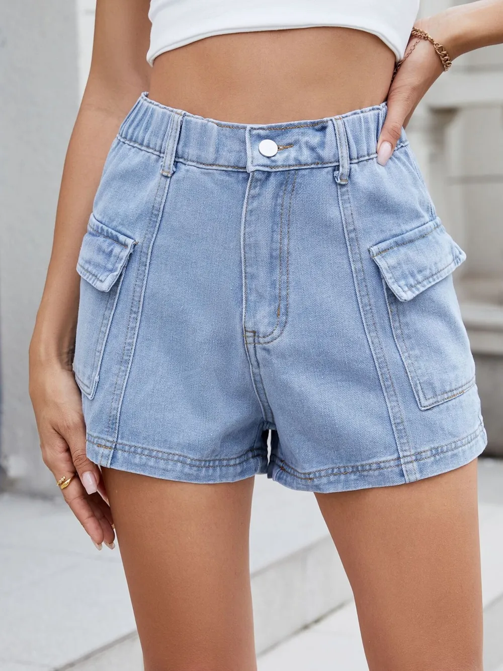High Waist Cargo Denim Shorts, image 21