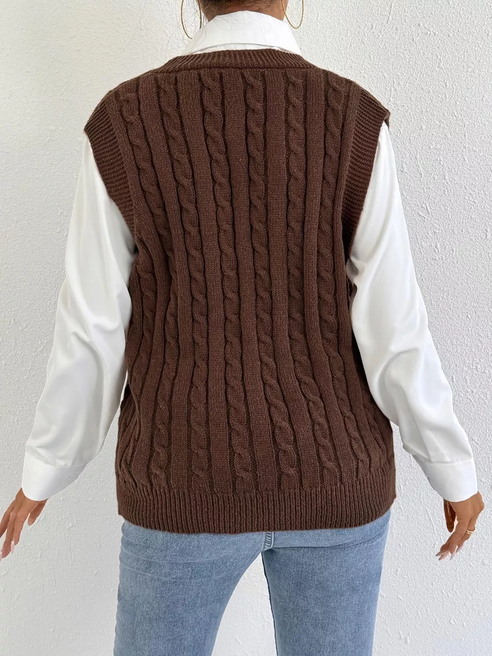 Cable-Knit Button-Up Sweater Vest, image 6