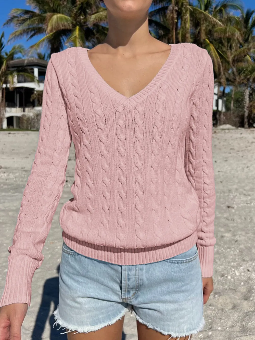 Cable Knit V-Neck Sweater, image 10
