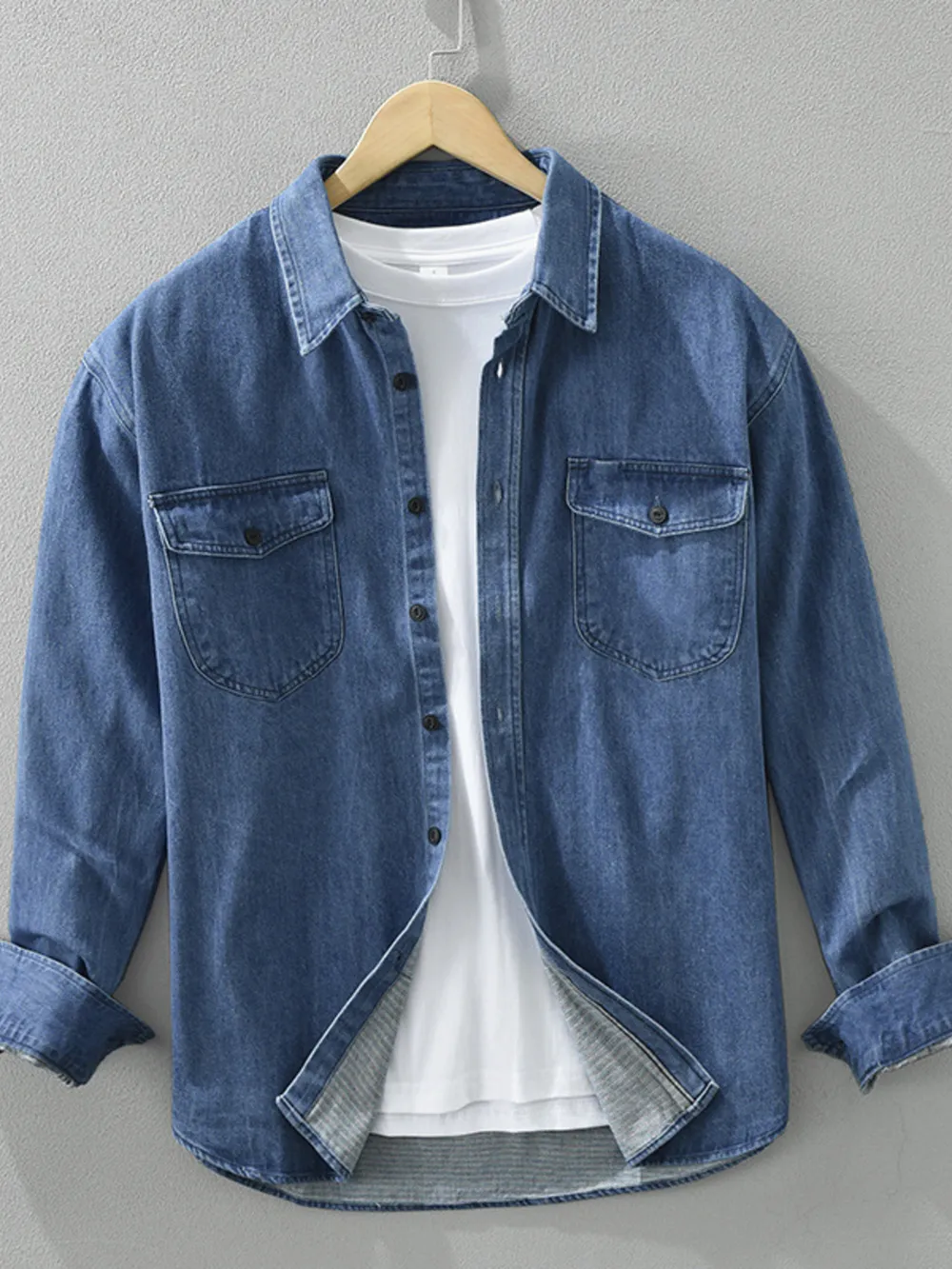 Men's Plus Size Button Up Long Sleeve Denim Shirt, image 3