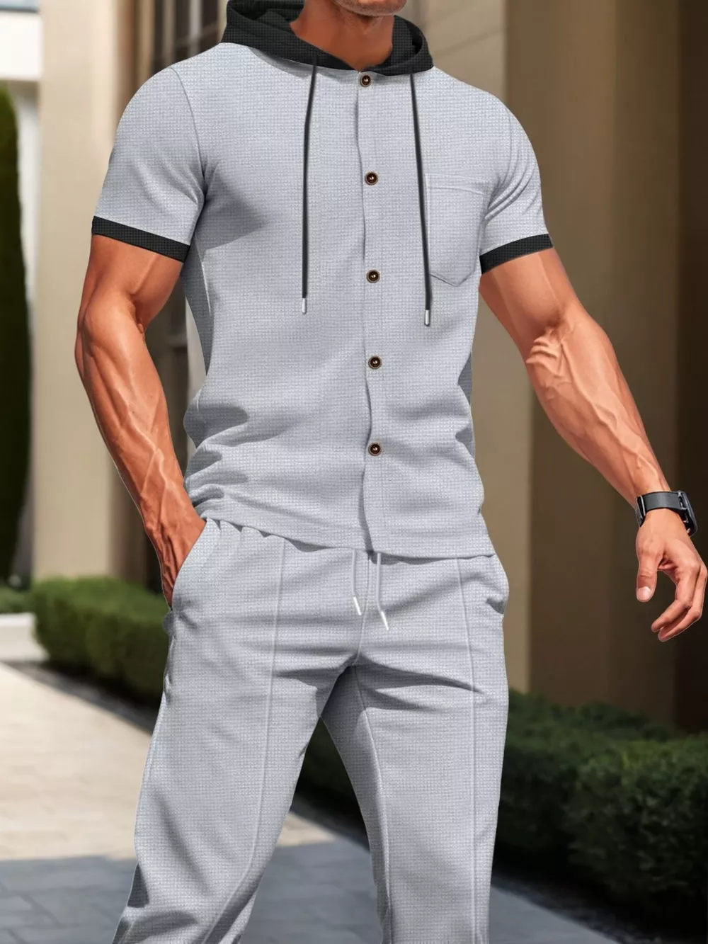 Men's Full Size Short-Sleeve Hooded Top and Shorts Set Plus Size, image 2