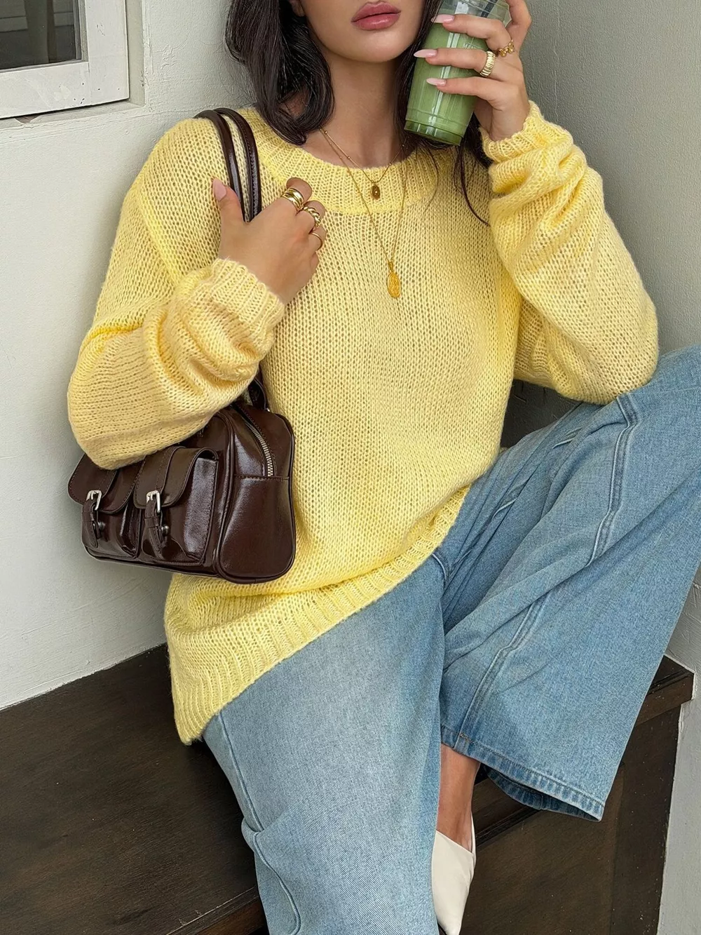 Crew Neck Dropped Shoulder Sweater, image 3