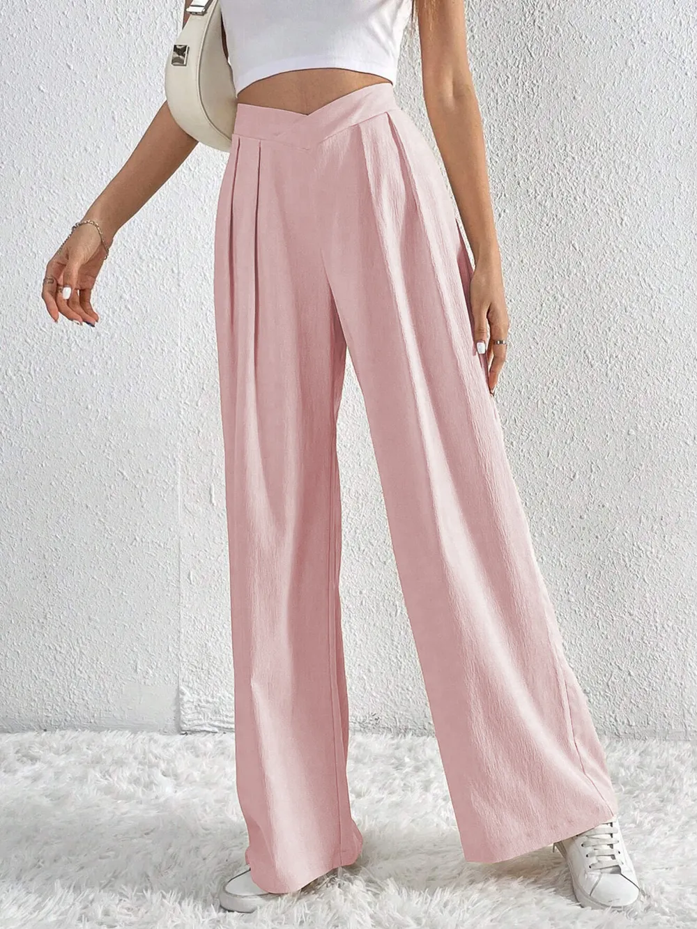 V-Waisted Ruched Front Wide Leg Pants, image 6
