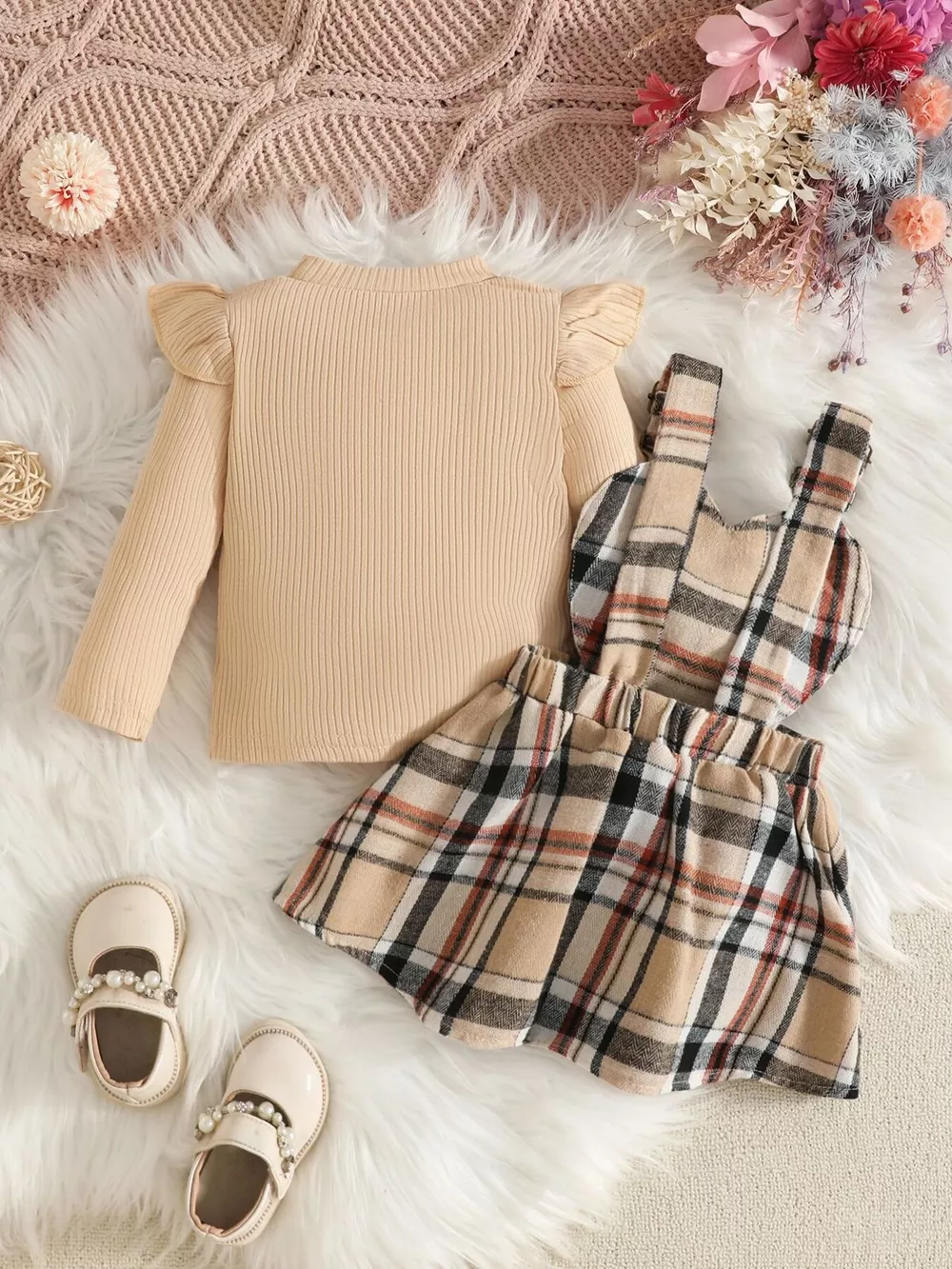 Children's Plaid Suspender Skirt Set with Ribbed Long Sleeve Top, image 2