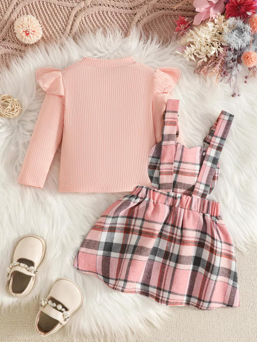 Children's Plaid Suspender Skirt Set with Ribbed Long Sleeve Top, image 10