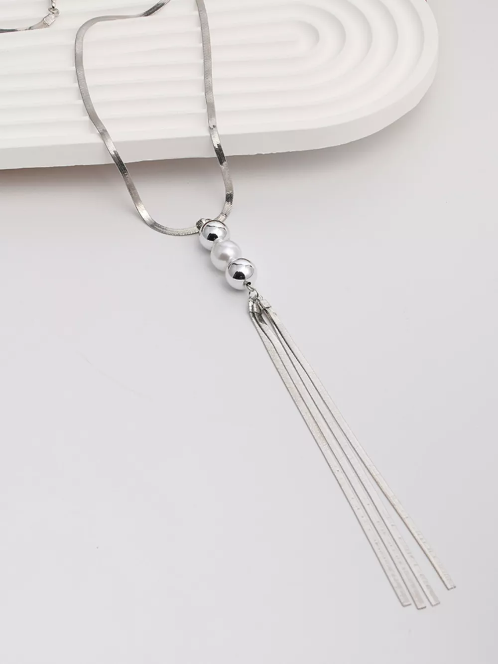 Alloy Silver-Plated Bead Tassel Necklace, image 6