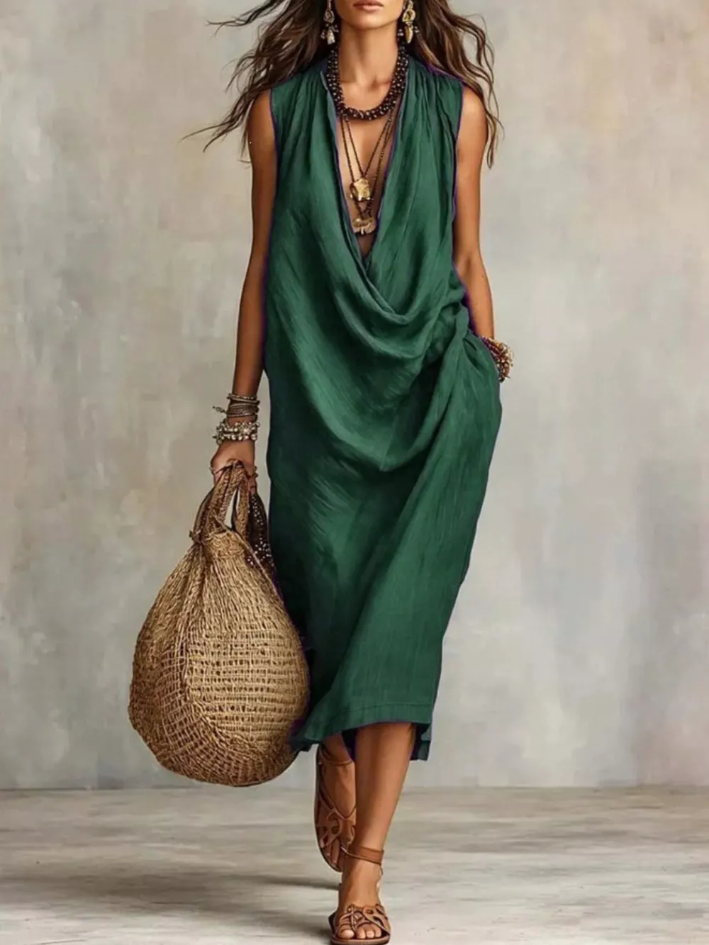 Full Size Cowl Neck Sleeveless Midi Dress Plus Size, image 3
