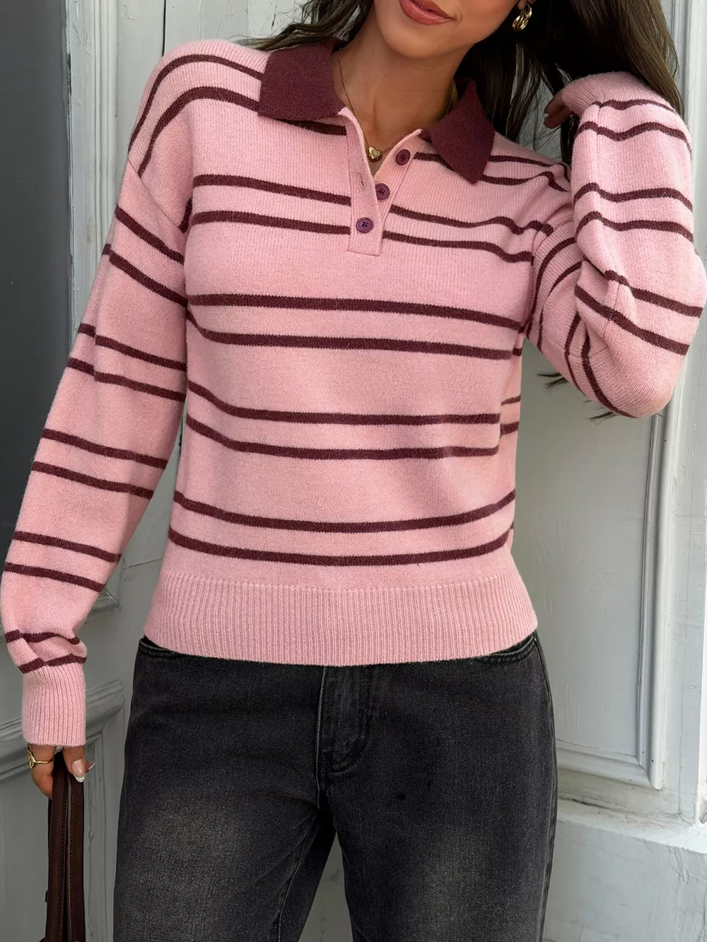 Striped Polo Collar Dropped Shoulder Sweater, image 4